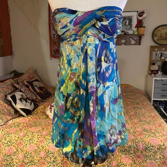 Cache Dresses & Skirts - Caché Silk Turquoise and Gold Boho Bubble Mini Dress
